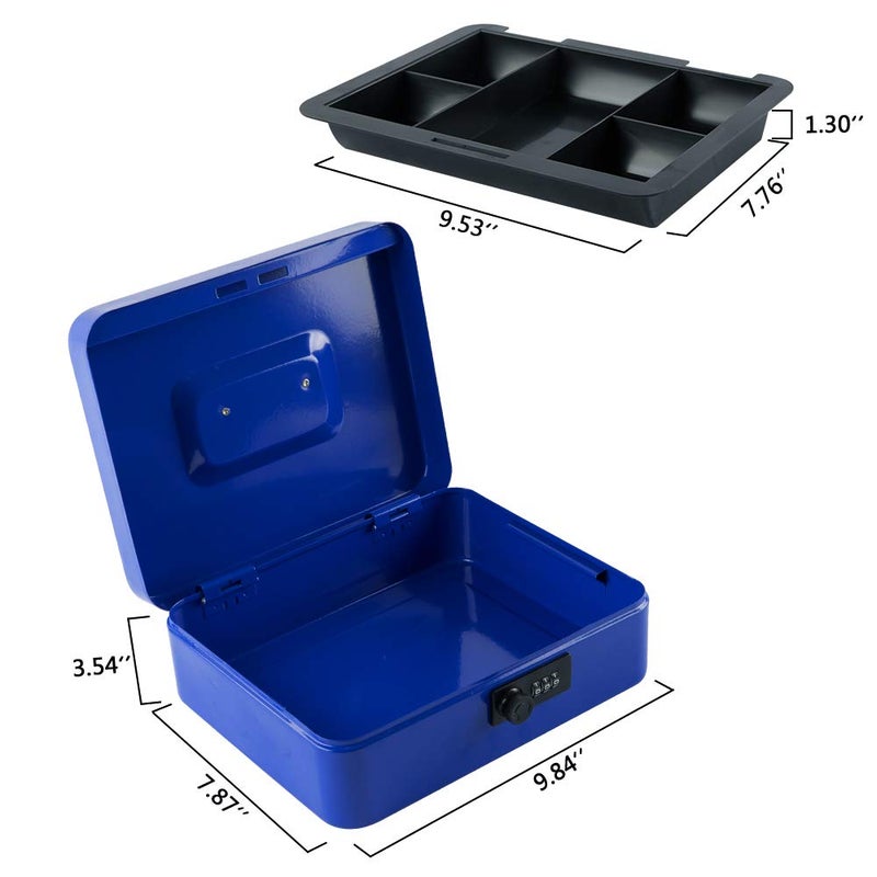 KYODOLED Large Cash Box with Combination Lock,Safe Metal Box for Money, Storage Lock Box with Money Tray,9.84"x 7.87"x 3.54" Blue Large - Image 3